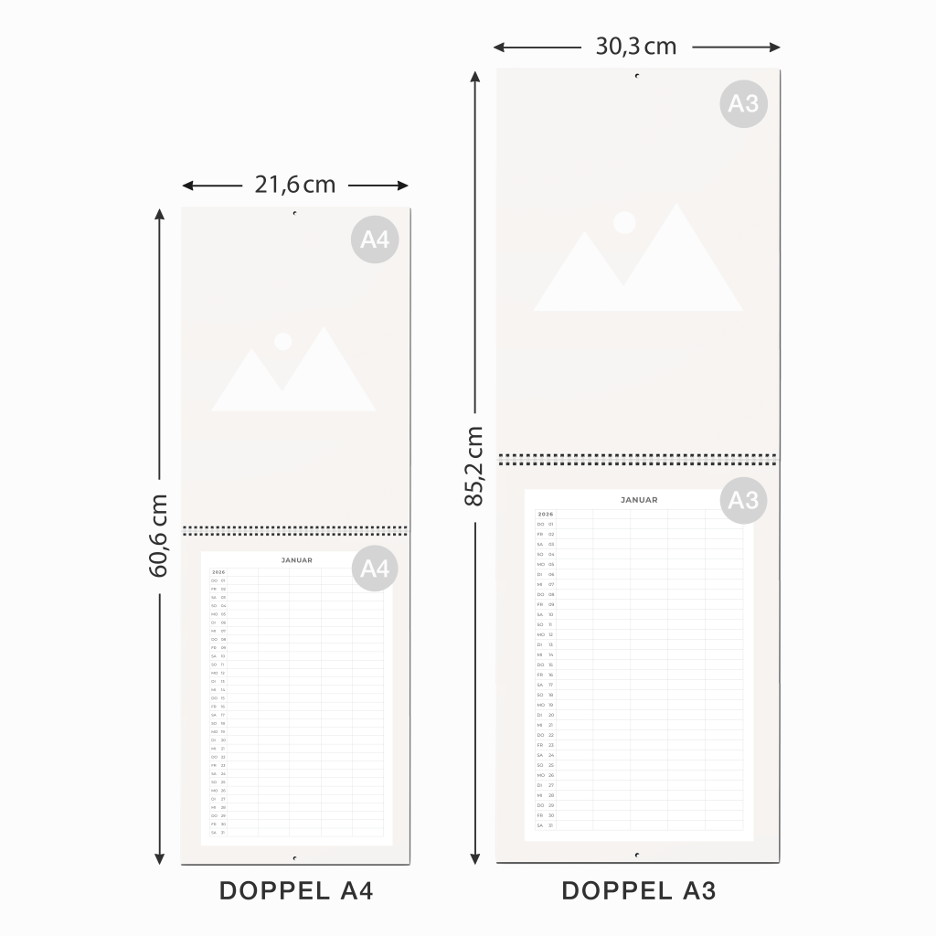 Grafik Größenangabe Photocircle Bauhaus Klappkalender 2026
